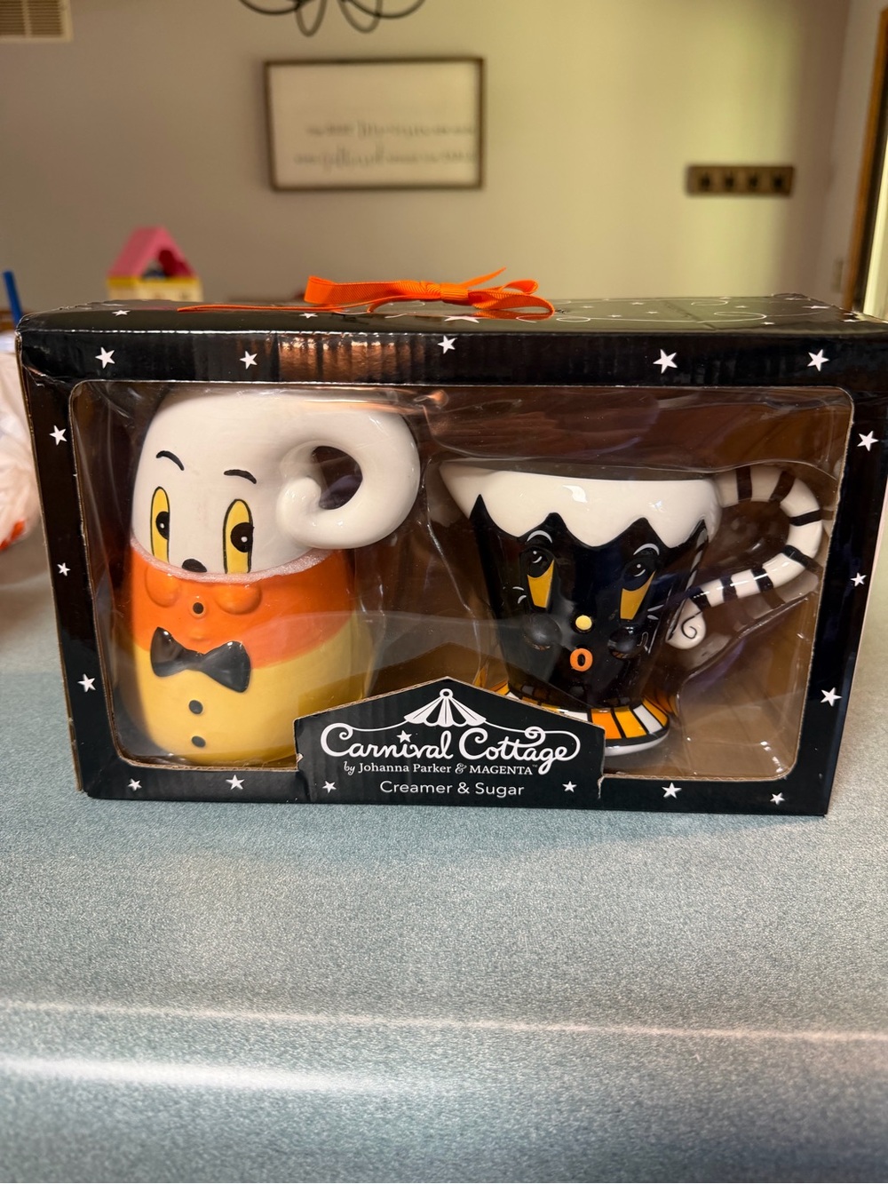 Johanna Parker Carnival Cottage Candy Corn Ghost Halloween Creamer Sugar Set